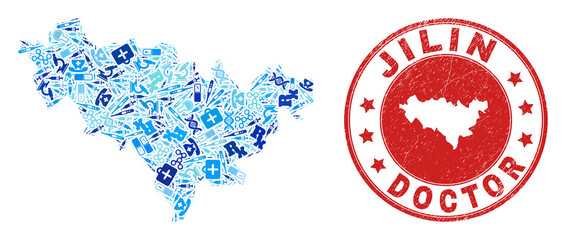 Vector mosaic Jilin Province map of injection icons, receipt symbols, and grunge health care rubber imitation. Red round imprint with grunge rubber texture and Jilin Province map caption and map.