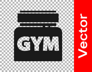 Black Sports nutrition bodybuilding proteine power drink and food icon isolated on transparent background. Vector.