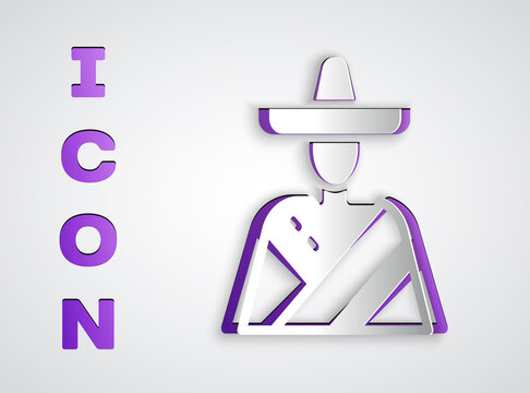 Paper cut Mexican man wearing sombrero icon isolated on grey background. Hispanic man with a mustache. Paper art style. Vector.