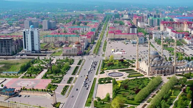 Chechnya Grozny Mosque Heart of Chechnya aerial timeleapse zoom out