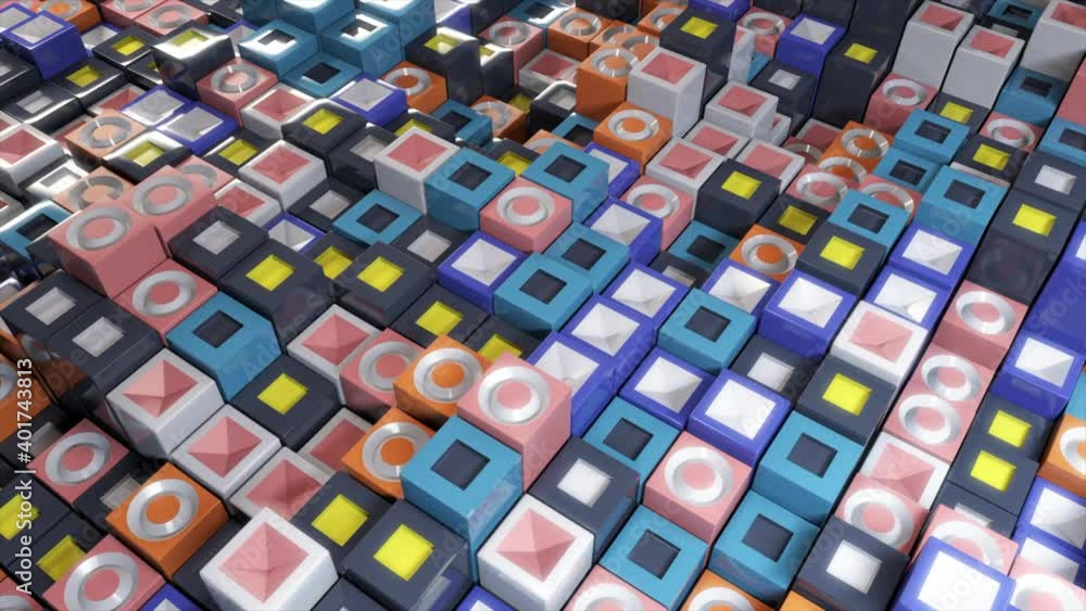 Poster abstract background of multicolored cubes with wave movement. animation. rotating texture with rando