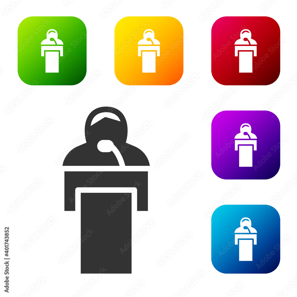 Poster black gives lecture icon isolated on white background. stand near podium. speak into microphone. the