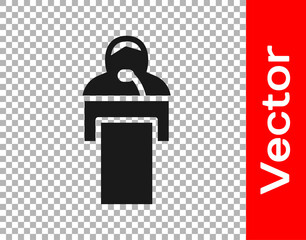 Obraz premium Black Gives lecture icon isolated on transparent background. Stand near podium. Speak into microphone. The speaker lectures and gestures. Vector.