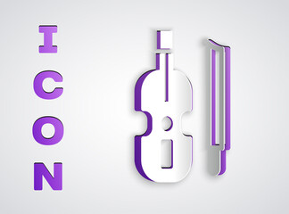 Paper cut Violin icon isolated on grey background. Musical instrument. Paper art style. Vector.