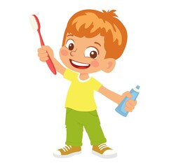 boy holding toothbrush and toothpaste