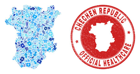 Vector mosaic Chechen Republic map with inoculation icons, medicine symbols, and grunge health care rubber imitation. Red round seal with grunge rubber texture and Chechen Republic map tag and map.