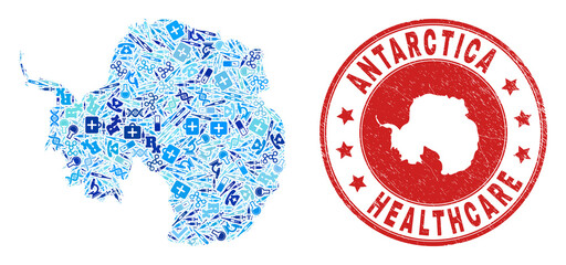 Vector mosaic Antarctica continent map with vaccination icons, laboratory symbols, and grunge doctor imprint. Red round seal with grunge rubber texture and Antarctica continent map tag and map.