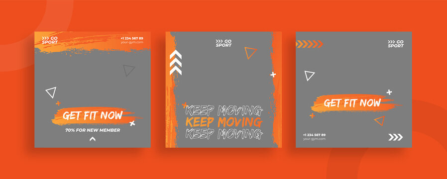 Set Of Editable Templates For Instagram Post, Facebook Square, Social Media, Gym, Sport, Advertisement, And Business Promotion, Fresh Design With Orange Color And Minimalist Vector (3/3)