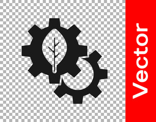 Black Leaf plant ecology in gear machine icon isolated on transparent background. Eco friendly technology. World Environment day label. Vector.
