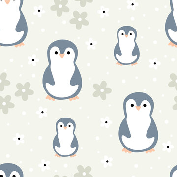 Seamless pattern with cute cartoon penguin and flower for fabric print, textile, gift wrapping paper. colorful vector for kids, flat style
