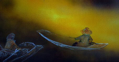 Art painting Oil color Floating market Thai land