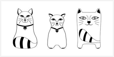 Doodle cat set icon isolated on white. Outline hand drawing art line. Sketch logo animal. Vector stock illustration. EPS 10