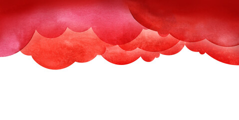 Abstract watercolor red and white background. Round shaped clouds of rich red color at the top of the page against white backdrop. Hand drawn top border template.