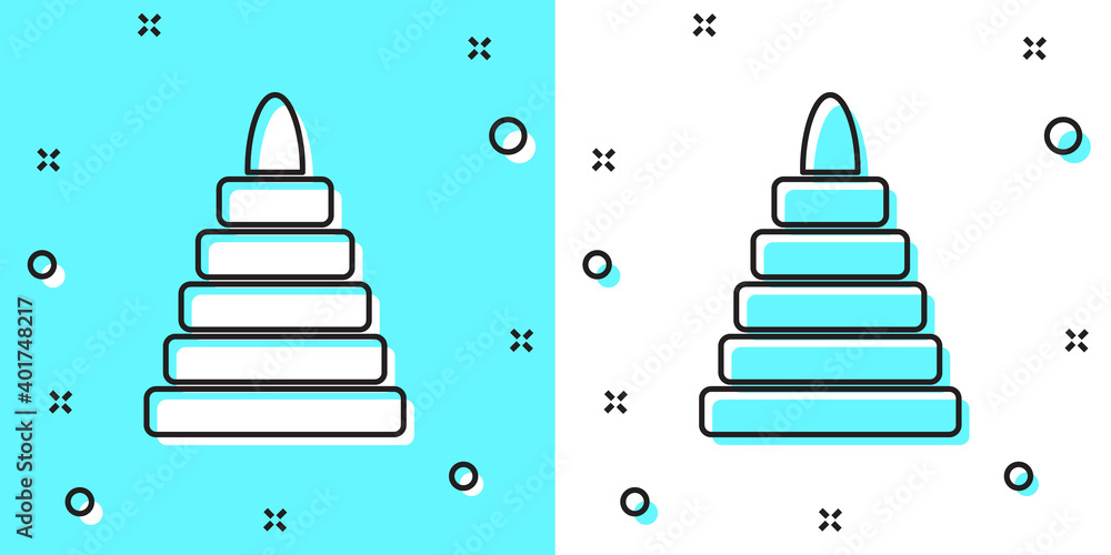 Poster black line pyramid toy icon isolated on green and white background. random dynamic shapes. vector.