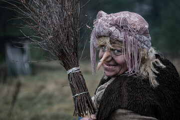 baba yaga portrait, a witch with a broom,