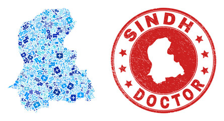 Vector collage Sindh Province map with dose icons, analysis symbols, and grunge healthcare rubber imitation. Red round stamp with corroded rubber texture and Sindh Province map word and map.