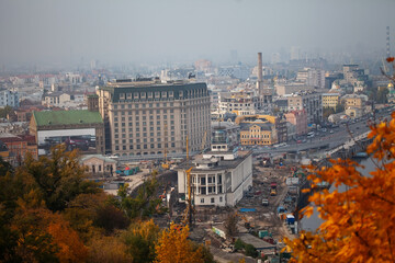 Panoramic view of the city of Kiev. Autumn landscape with a view of the Postal Square. Urban landscape