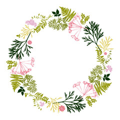 Flower Frame. Floral green wreaths. Forest herbs and flowers arranged in a wreath shape are ideal for wedding invitations and greeting cards. Meadow grasses.
