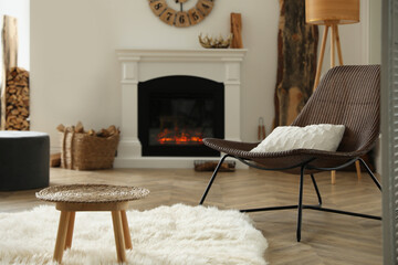 Beautiful view of cozy living room interior with modern fireplace