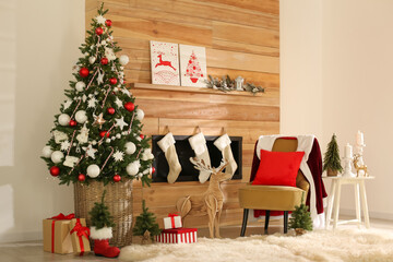 Beautiful Christmas themed photo zone. Cozy living room interior imitation