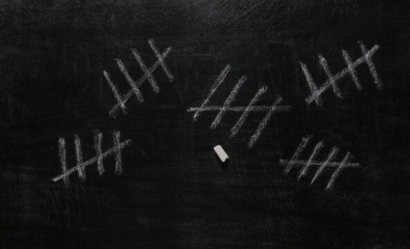 Chalk Tally Number Counting Mark on the Classroom Blackboard