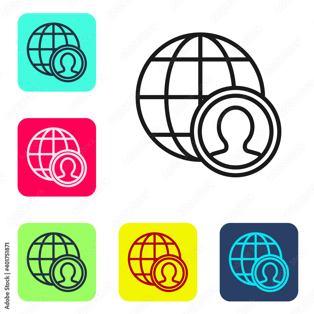 Poster black line globe and people icon isolated on white background. global business symbol. social networ