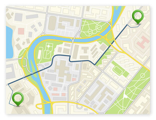 City map navigation route, color point markers design background, drawing schema, simple city plan GPS navigation, itinerary destination arrow paper city map. Route delivery check point graphic