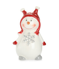 Funny ceramic snowman isolated on white. Christmas decoration