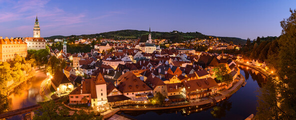 Panorama of Český Krumlov in the Czech Republic at night