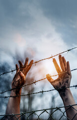 Refugee men and fence , immigration concept