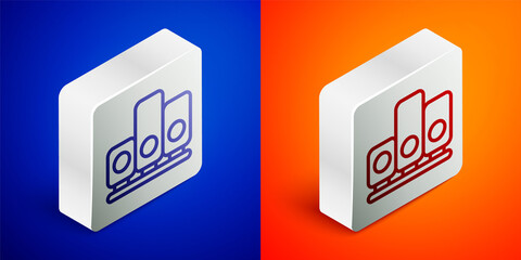 Isometric line Ranking star icon isolated on blue and orange background. Star rating system. Favorite, best rating, award symbol. Silver square button. Vector.