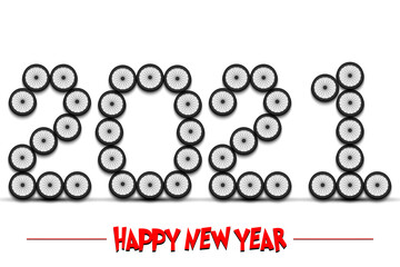 Happy New Year. 2021 numbers made from bicycle wheels. Design pattern for greeting card, banner, poster, flyer, party invitation, calendar. Vector illustration