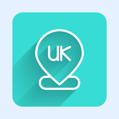 White line Location England icon isolated with long shadow. Green square button. Vector.