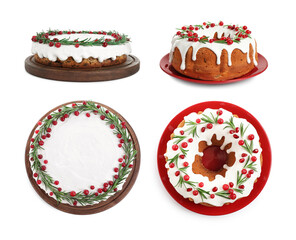 Set with decorated traditional Christmas cakes on white background, top view