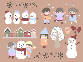雪だるまや雪遊びする子ども達や手袋や雪景色の家並みなどの冬の手描き風イラストセット