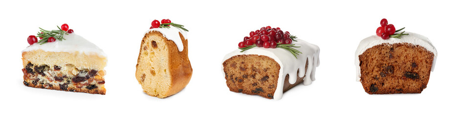 Set with decorated traditional Christmas cakes on white background. Banner design