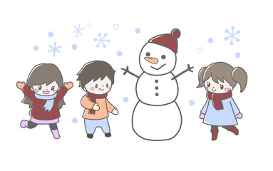 雪遊びする子ども達と雪だるまの冬の手描き風イラスト