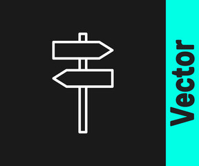 White line Road traffic sign. Signpost icon isolated on black background. Pointer symbol. Street information sign. Direction sign. Vector.