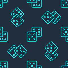 Green line Game dice icon isolated seamless pattern on blue background. Casino gambling. Vector.