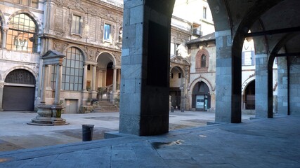 Europe, Italy , Milan 26 December 2020 - Loggia Piazza dei Mercanti near Duomo cathedral semi empty...