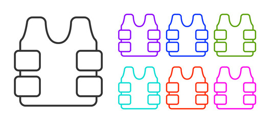 Black line Bulletproof vest for protection from bullets icon isolated on white background. Body armor sign. Military clothing. Set icons colorful. Vector.