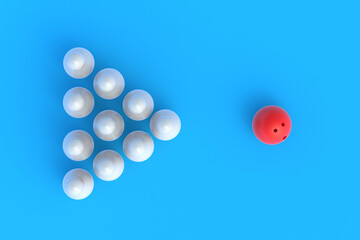 Red bowling ball and white pins in form of triangle on blue background. Active sport. Hobby and leisure. Competition and championship. Top view. 3d rendering
