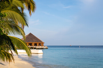 Tropical paradise landscape with wooden bungalow with thatched roof, palm trees and turquoise ocean, Maldives, copy space.