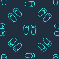 Green line Flip flops icon isolated seamless pattern on blue background. Beach slippers sign. Vector.