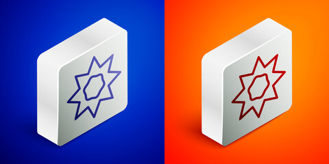 Isometric line Sun icon isolated on blue and orange background. Summer symbol. Good sunny day. Silver square button. Vector.