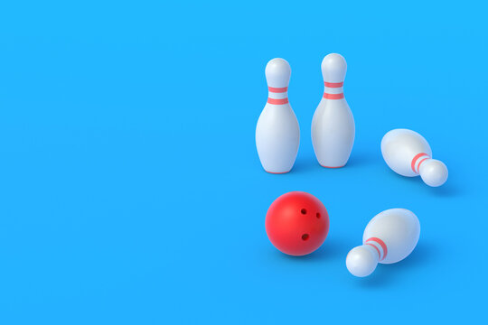 Red bowling ball and white pins on blue background. Active sport. Hobby and leisure. Competition and championship. Copy space. 3d rendering