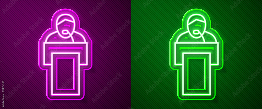 Poster glowing neon line gives lecture icon isolated on purple and green background. stand near podium. spe