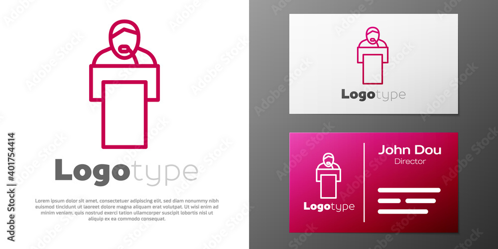 Poster logotype line gives lecture icon isolated on white background. stand near podium. speak into microph