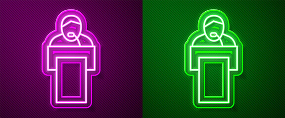 Glowing neon line Gives lecture icon isolated on purple and green background. Stand near podium. Speak into microphone. The speaker lectures and gestures. Vector.