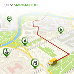 City map navigation route, point markers delivery van, schema itinerary delivery car, city plan GPS navigation, itinerary destination arrow city map. Route delivery truck check point graphic